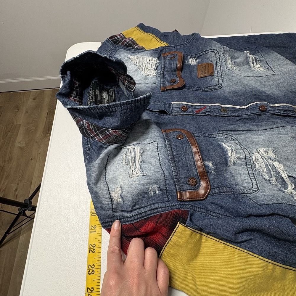 Heritage America Men 2XL Denim Jacket Grunge Flannel Patch Distressed Streetwear - Picture 14 of 15